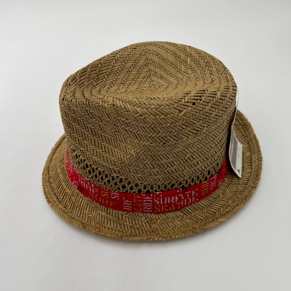 HYP New York Straw Fedora Hat Natural Tan Red Surf Skate Ride Band New - Picture 2 of 9